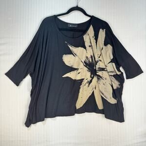 Monamie Slub Knit Loose Fit Oversized Black Floral Print Top Blouse Size Medium